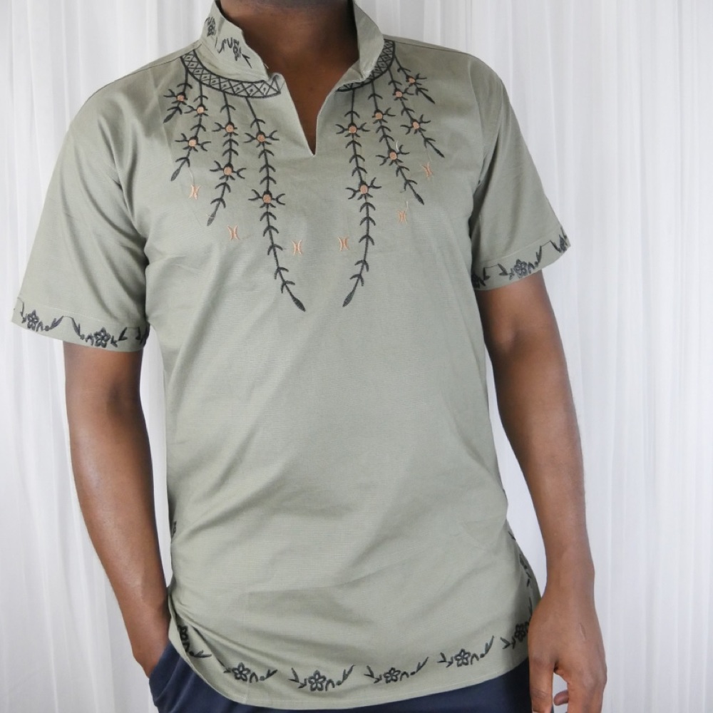 Men’s Embroidered Dashiki - Olive/Tan